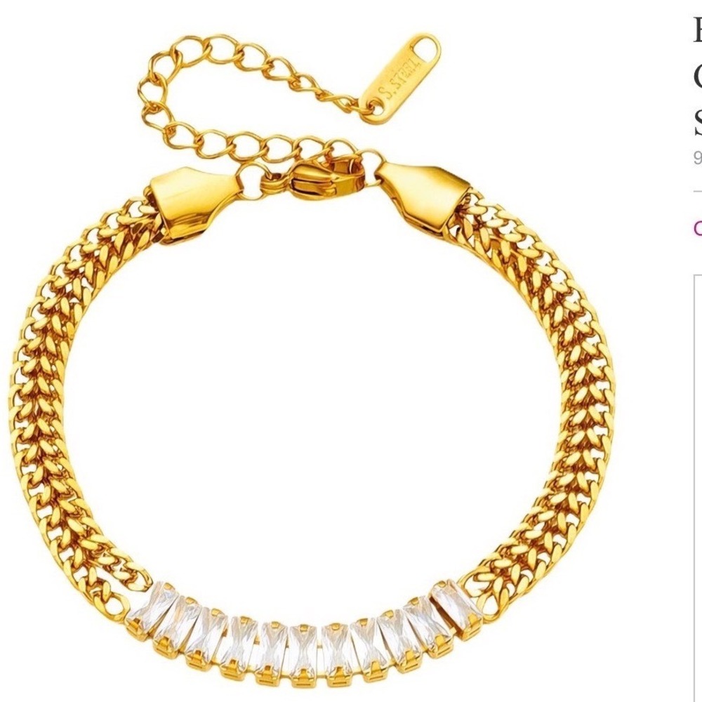 Baguette Cubic Zirconia Gold Stainless Steel Wheat Chain Bracelet NEW